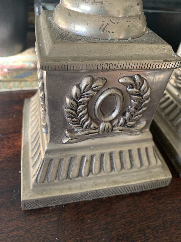 Antique large neo classic Corinthian column lacquered silver candlesticks