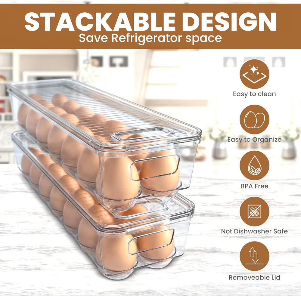 Egg Container with Lid and Handle for Refrigerator Organization- Pack of 2 - Cle
