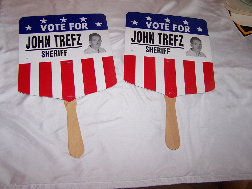 2 VOTE FOR JOHN TREFZ SHERIFF Hand Held Fans