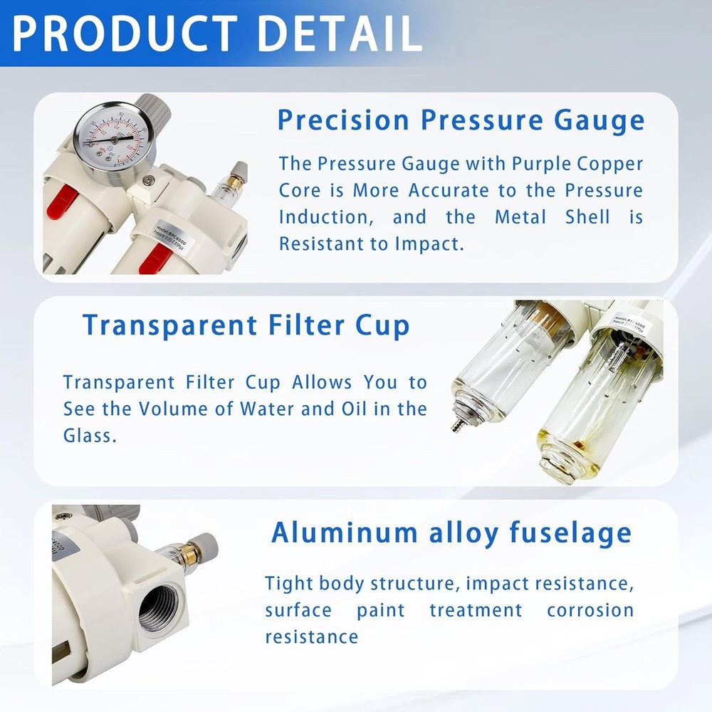 WeiTeng 1/2" NPT Compressed Air Filter Regulator Combo, 5 Micron Brass Filter
