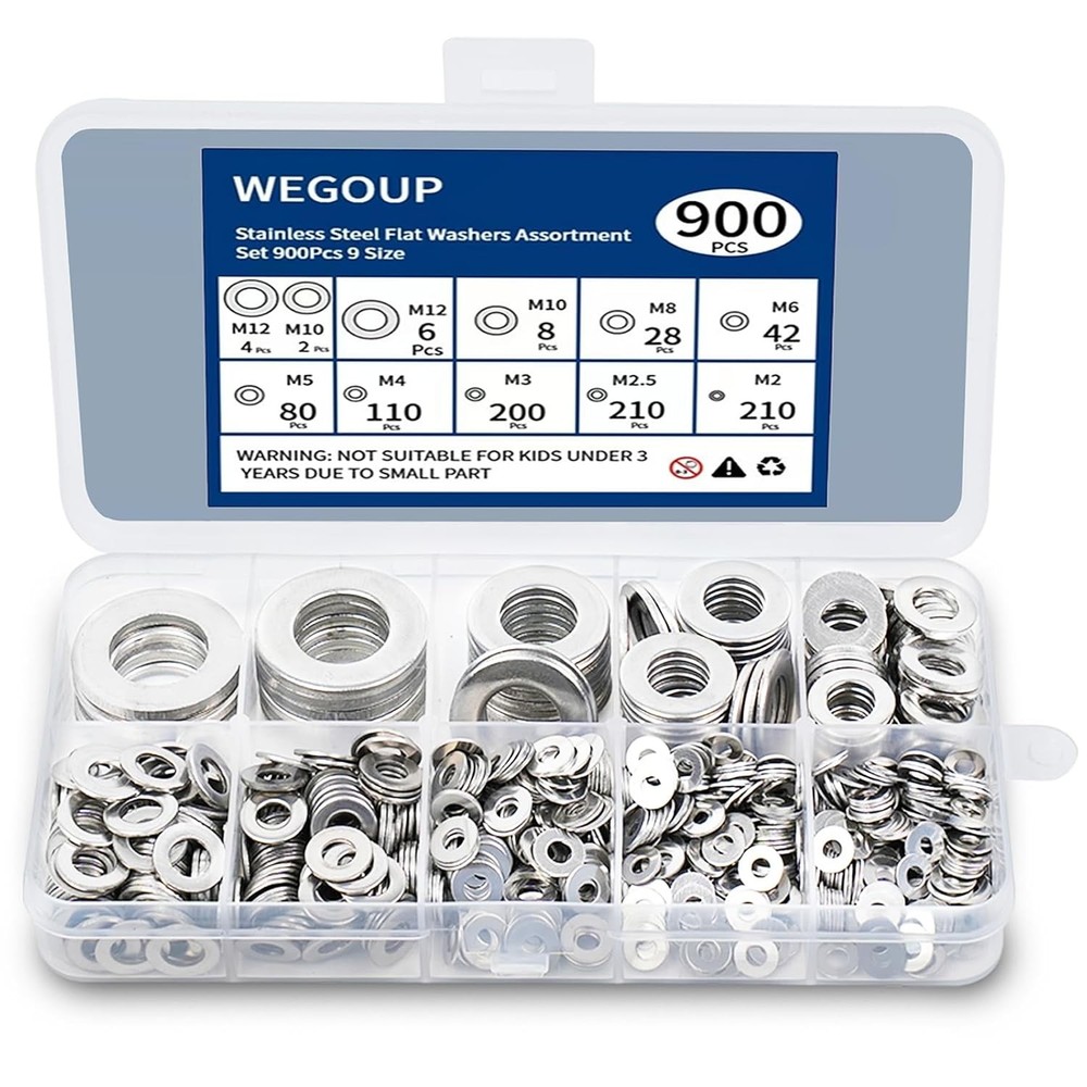 Stainless Flat Washer Assortment, 900pc, M2-M12