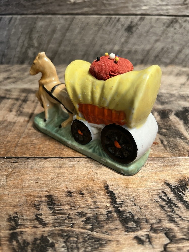 Lusterware Horse Covered Wagon Figure Pin Cushion