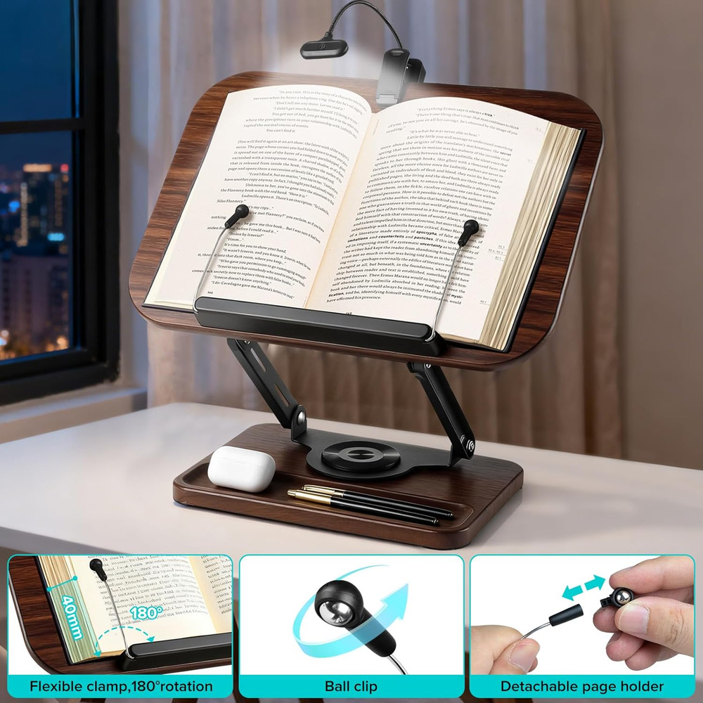 Wooden Book Stand with Light Storage Adjustable 360 Angle for Reading