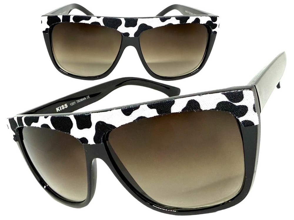 Oversized Classic Vintage Retro Style SUNGLASSES Large Black Frame Cow Pattern