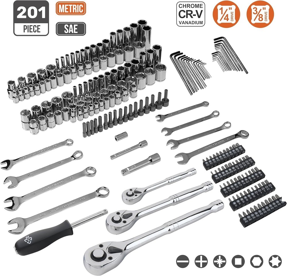 201-Piece Socket Set - Metric & SAE Sizes - Chrome-Vanadium Steel - Durable Case