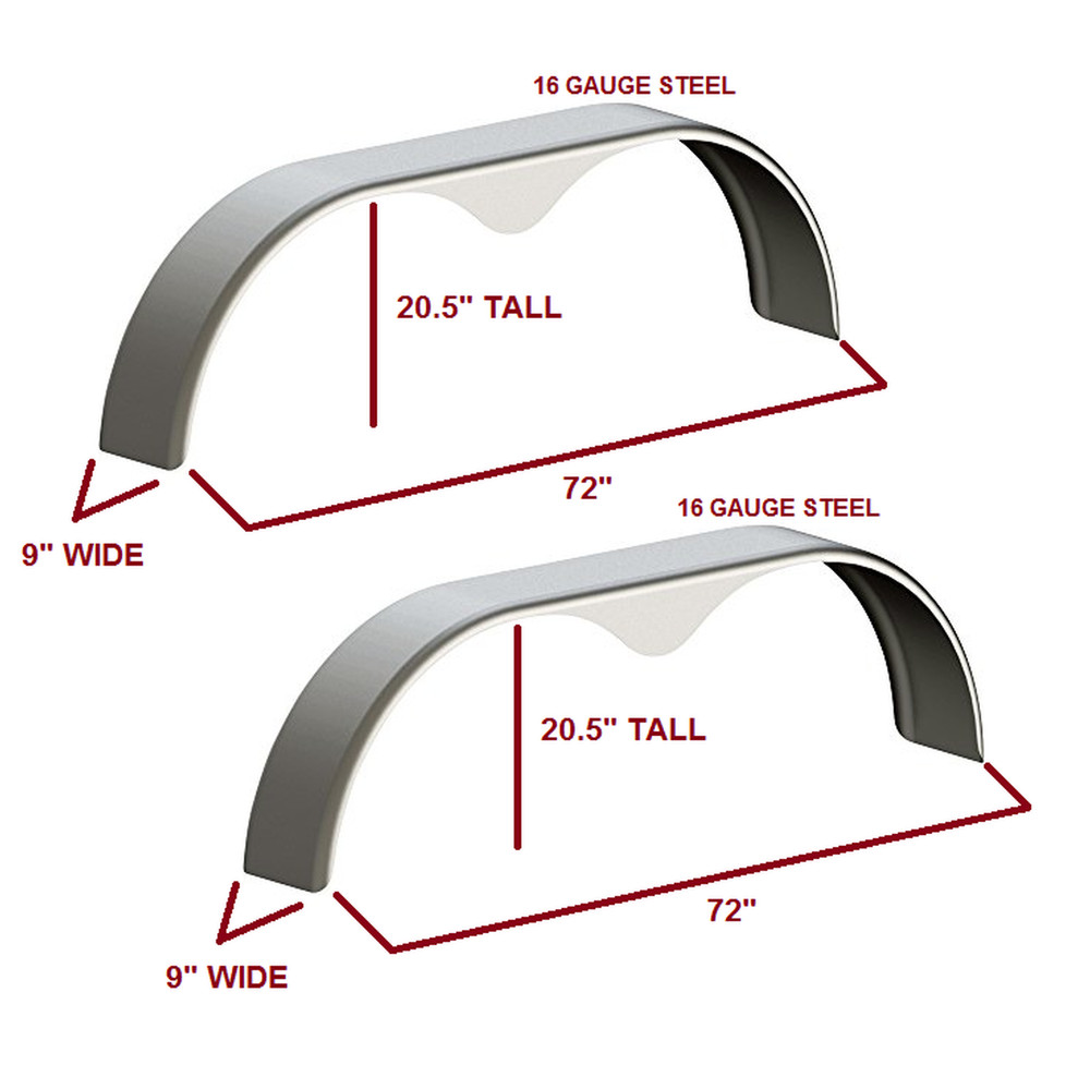 2) Tandem Axle Cold Rolled Steel Utility Trailer Fender Teardrop 9" x 72" x 21.5