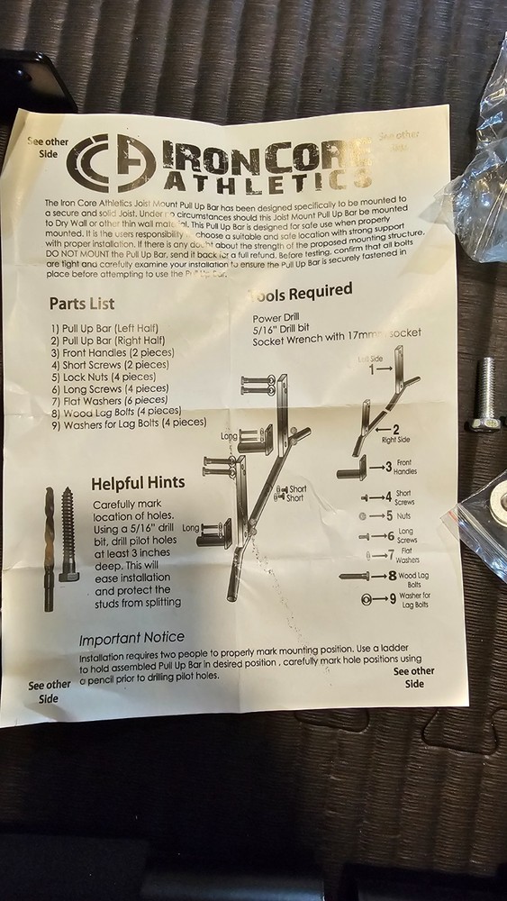 Iron Core Athletics Joist Mount Pull Up Bar - Heavy Duty