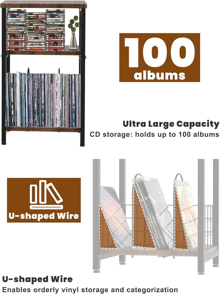 Record Player Stand, 3 Tier End Side Table with Vinyl Record Storage Basket, ..