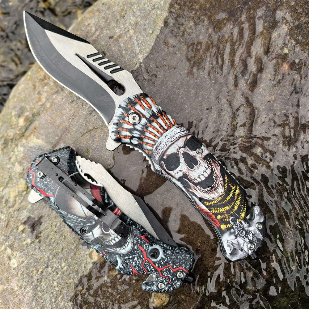 2 Units Skull Spring Asistant Folding Pocket Knife Blade for Outside Camping