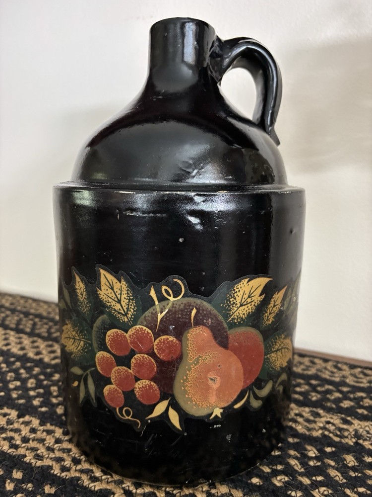 Painted Stoneware Handled Jug  Folk Art Fruit Design~11 Inch