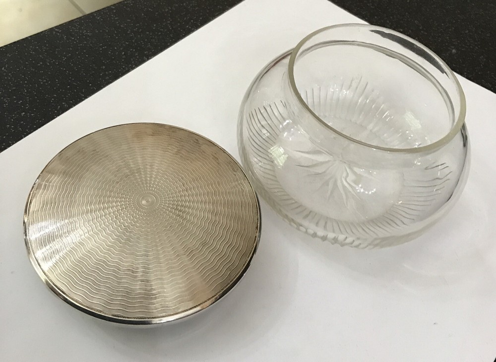 HM Hallmarked Solid Sterling Silver Glass Engine Turned Dressing Table Pot Box