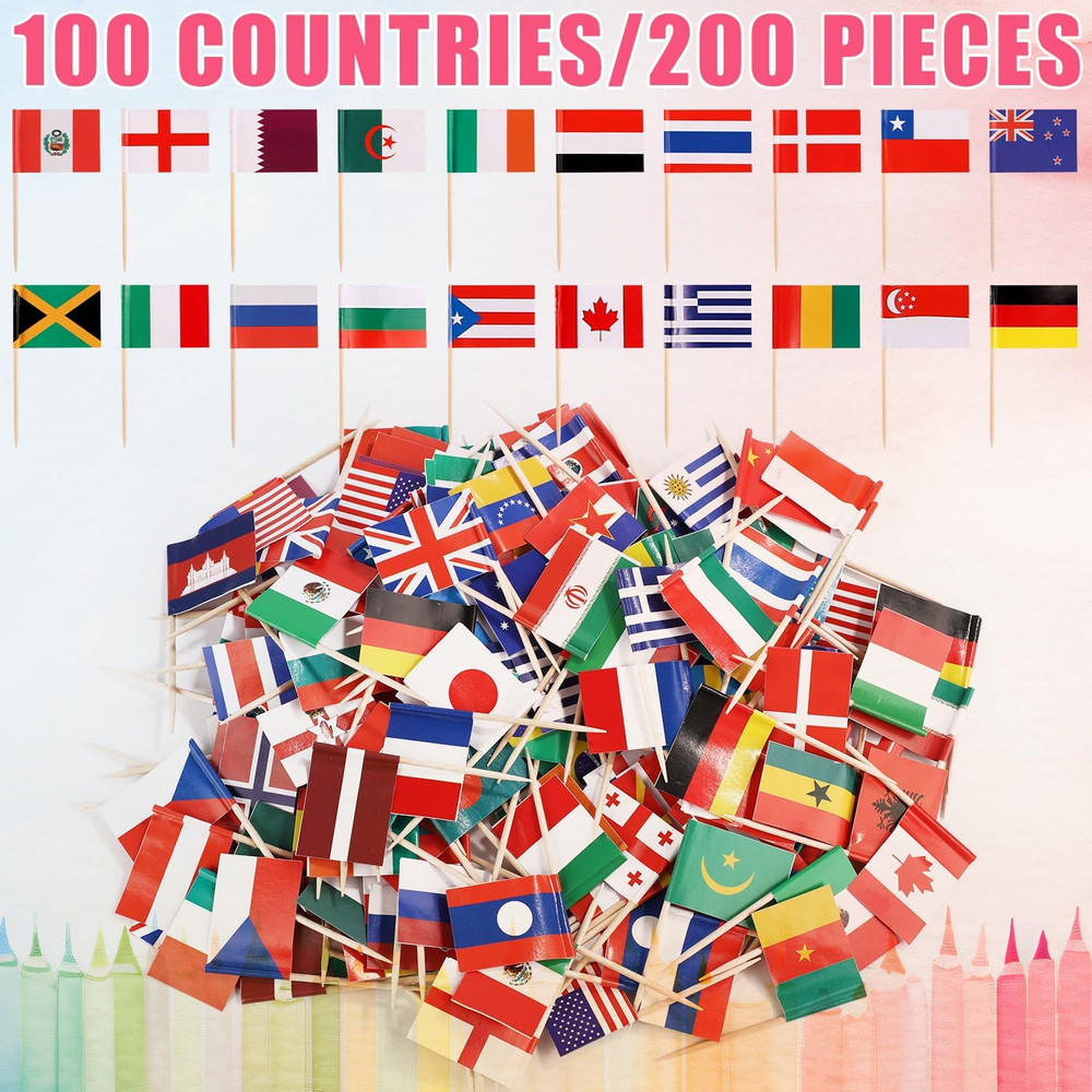 200Pcs Mini Countries Toothpick Flags, Mini Flags on Sticks with 100 Different N
