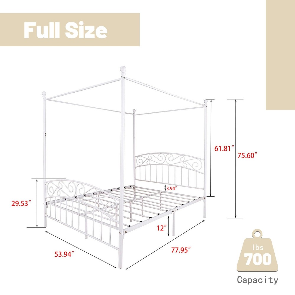 Modern Metal Canopy Bed Frame/Full Size/Headboard/Strong Steel Slat Support