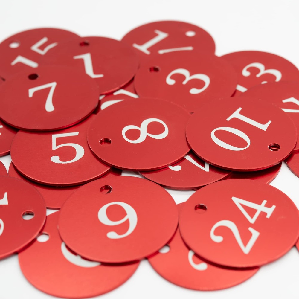 Round Aluminum Engraved Number Tags Key Tags ID Tags (1-10, Red)