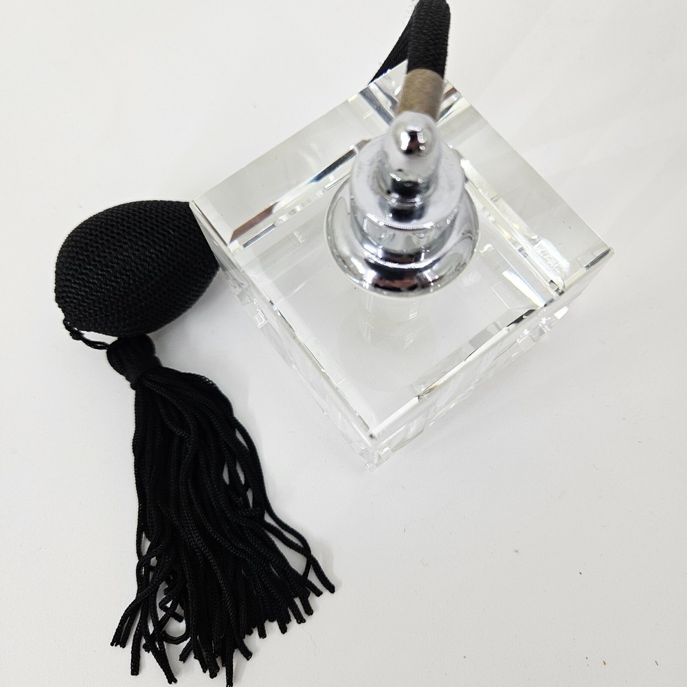 Signed Oleg Cassini Square Crystal Perfume Bottle w/ Black Tassel Atomizer EUC.