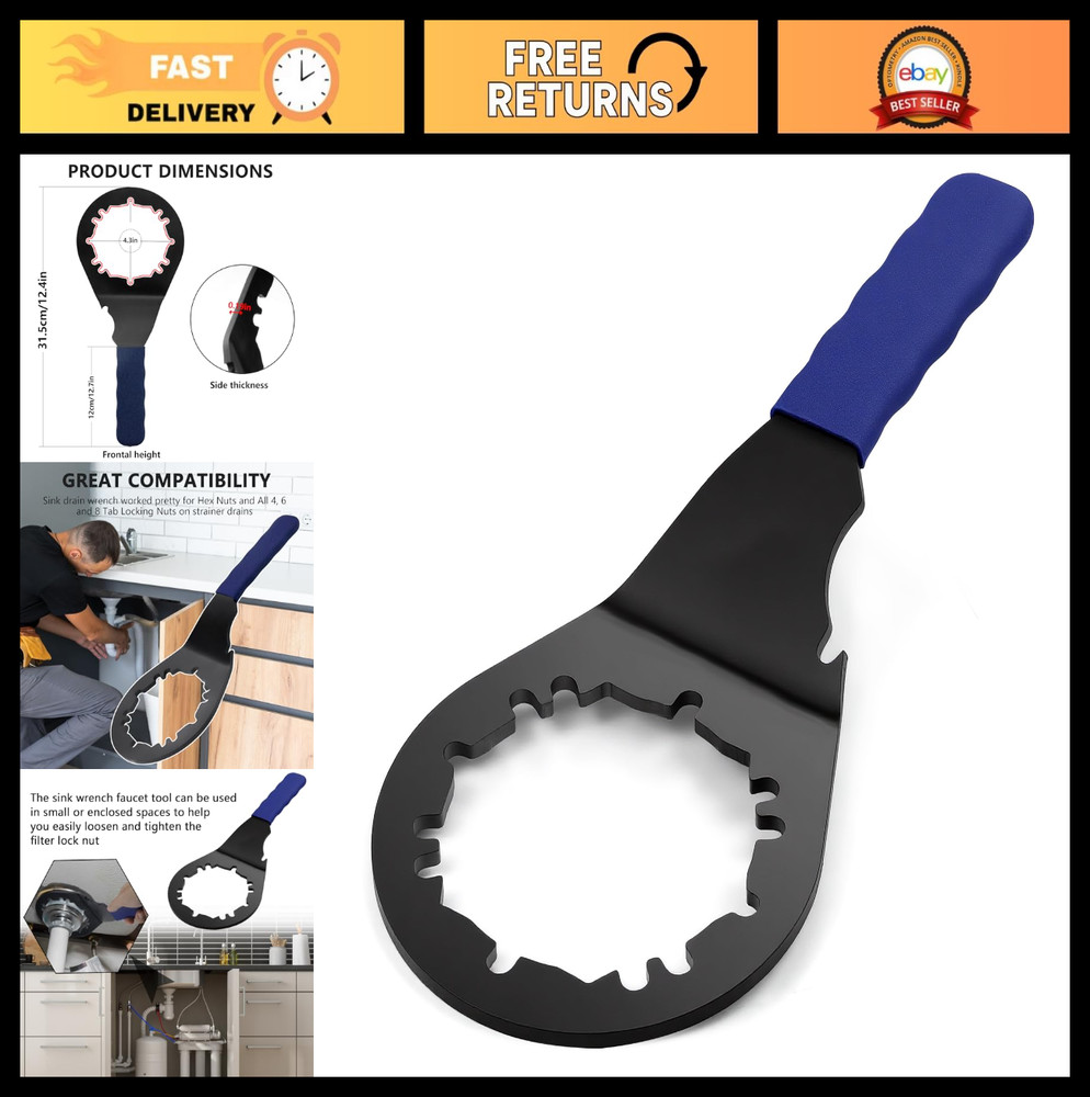 Universal Sink Drain Wrench Tool for Hex Nuts & 4, 6, 8 Tab Locking Nuts