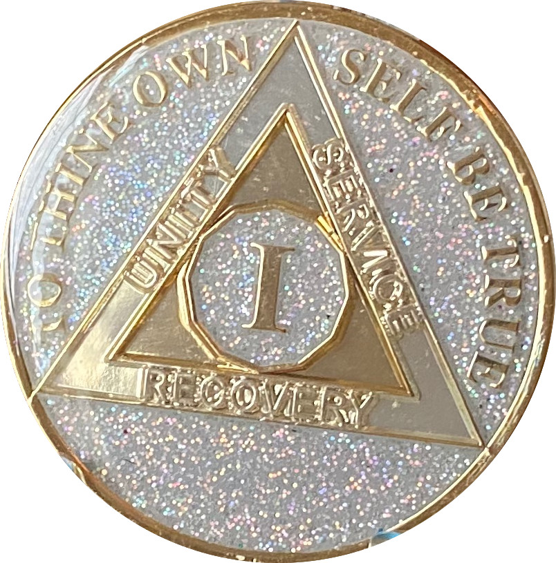 1 Year AA Medallion Silver Opal Gliter Tri-Plate Sobriety Chip