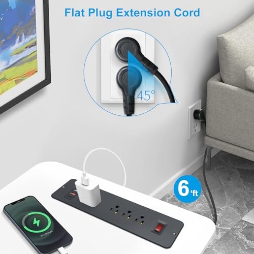 8 Outlets Dual Side USB C Recessed Power Strip Flush Mount Charging Black