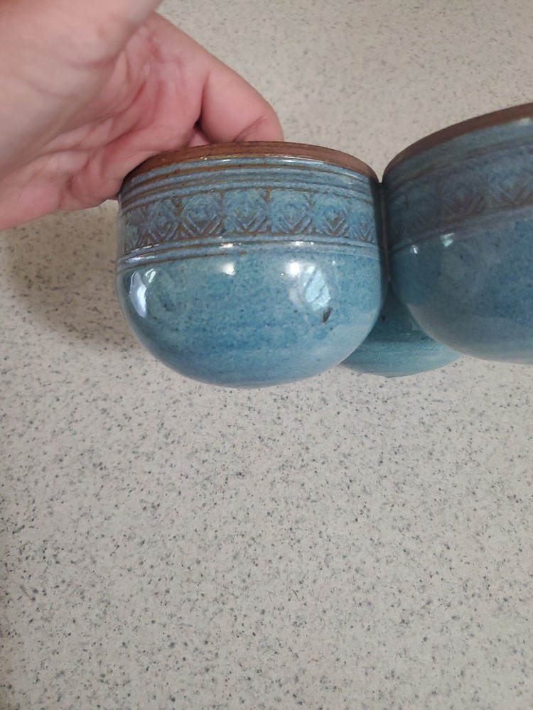 Blue Stoneware Pottery Three Bowl Succulent Planter Connected Drainage Hole