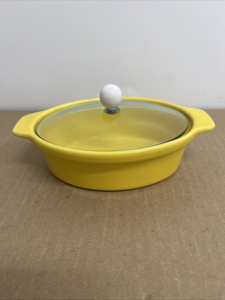 Mini Yellow Crock/Pot. Glass Lid, Stoneware