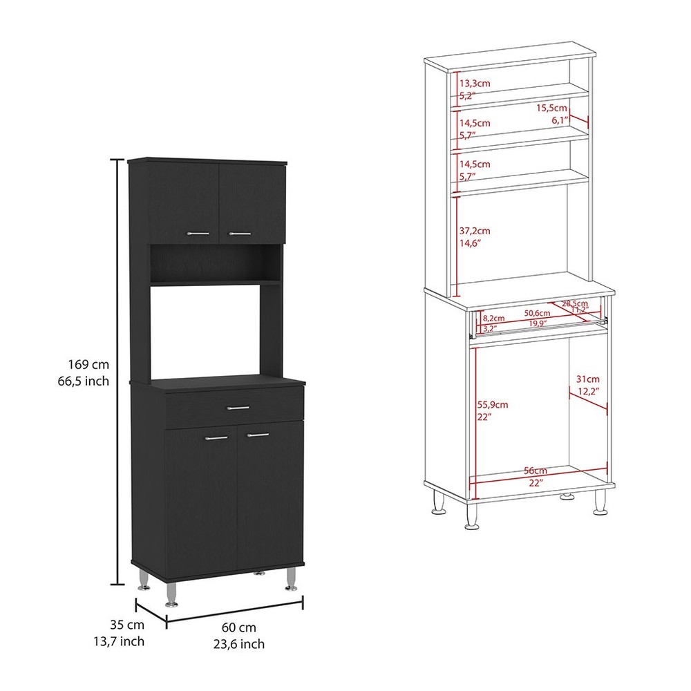 Della 60 Kitchen Pantry with Countertop, Closed & Open Storage -Black