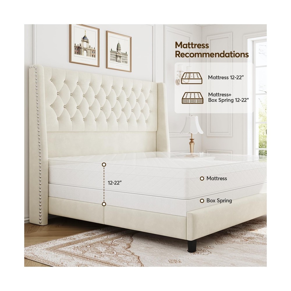 Queen Bed Frame with 55" Tall Headboard, Upholstered Bed Frames, Soft Fabric,...