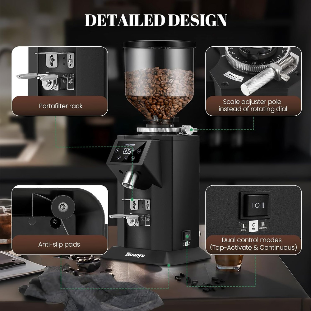 74mm Flat Burr Coffee Grinder with Touch Screen & 15 Grind Settings