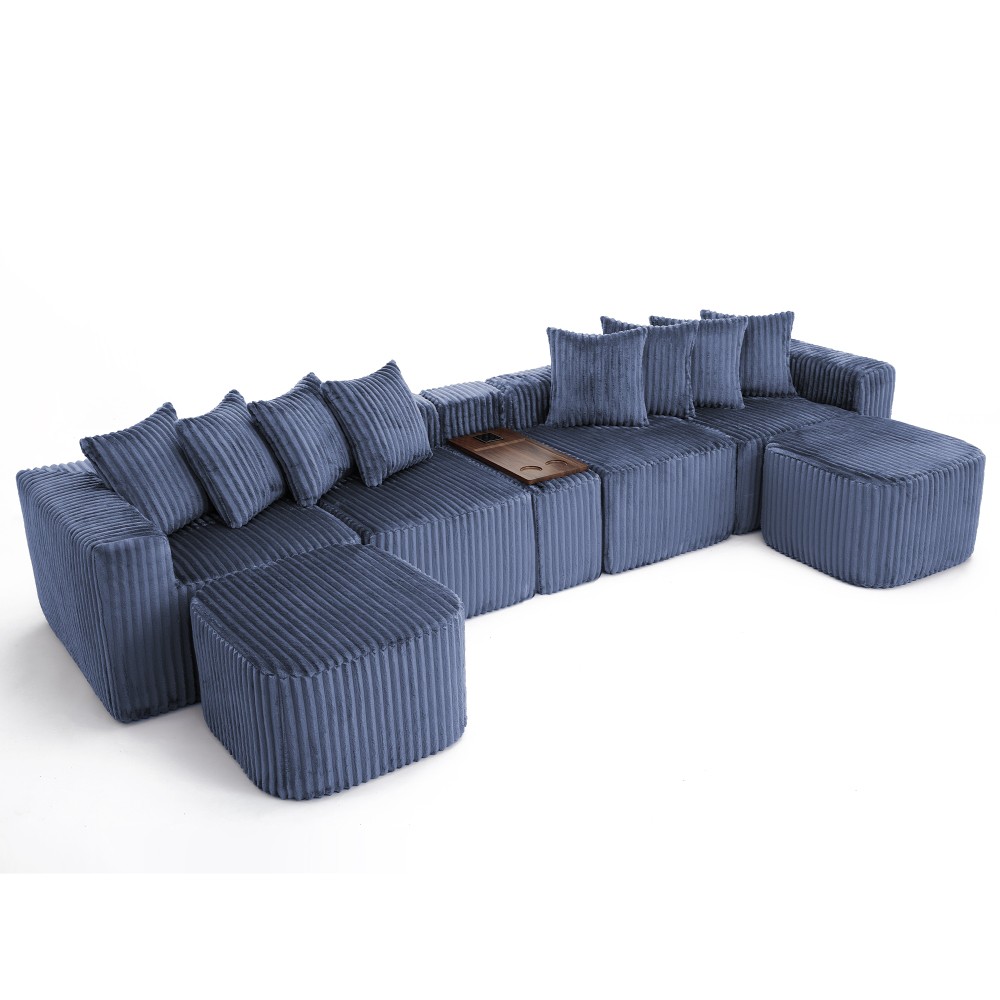Blue Corduroy Modular Sectional Sofa with USB and Wireless Charging
