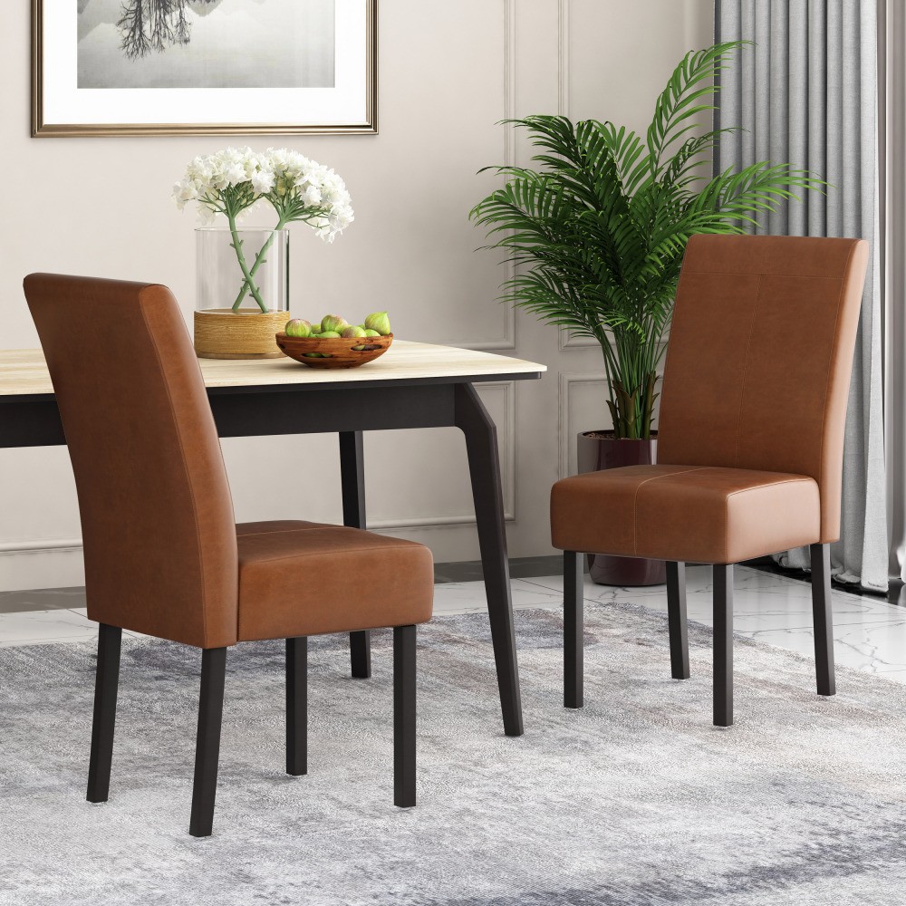 Set of 2 Light Brown Dining Chairs - PU Leather & Solid Wood T-Stitch