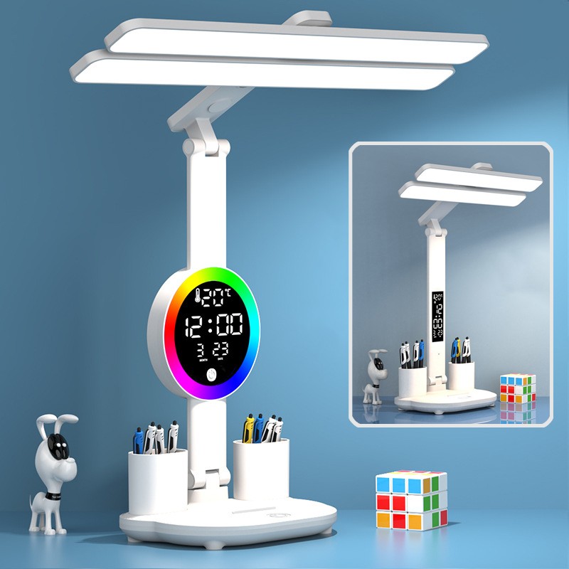 Foldable LED Desk Lamp Reading Light W/ Stepless Brightness & Time Display USB