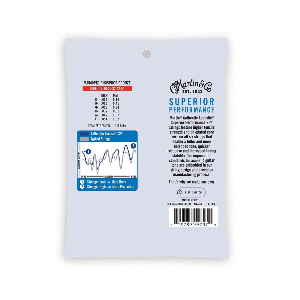 Martin Authentic MA540 SP Light 92/8 Phosphor Bronze A/G Strings, 12-54, 3-Pack