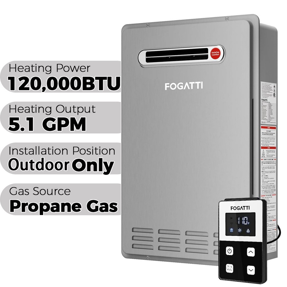 Tankless Water Heater Propane Gas Outdoor  5.1 GPM 120,000 BTU Instant Hot Water