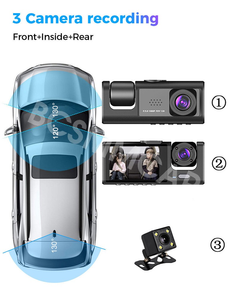 Dash Cam for Car 1080P 3 Lens Dash Camera Night Vision G-sensor Loop Recording