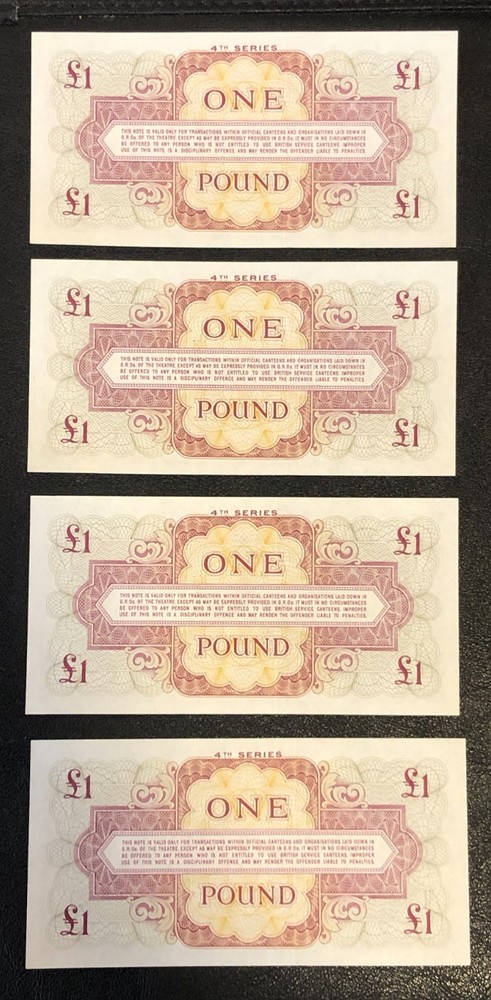 (4)x Great Britain British Armed Forces 1 Pound CONSECUTIVE SER. #'s Notes UNC!