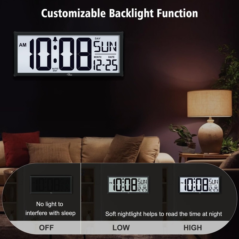 WallarGe Backlight Digital Wall Clock Battery Operated - with Temperature and...