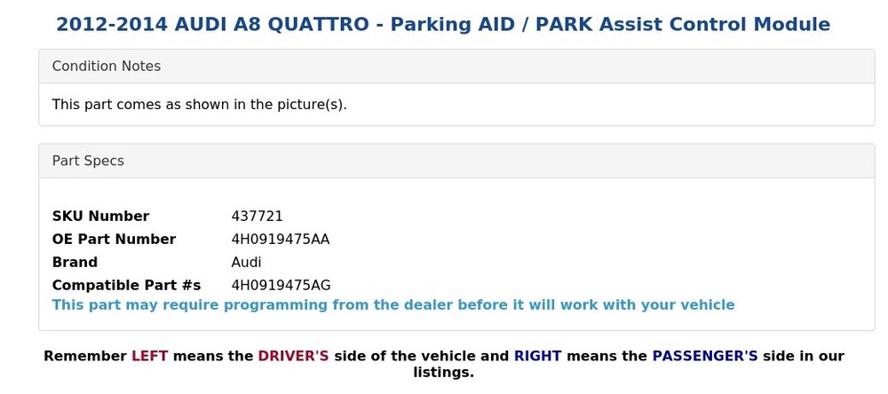 2012-2014 AUDI A8 QUATTRO - Parking AID / PARK Assist Control Module