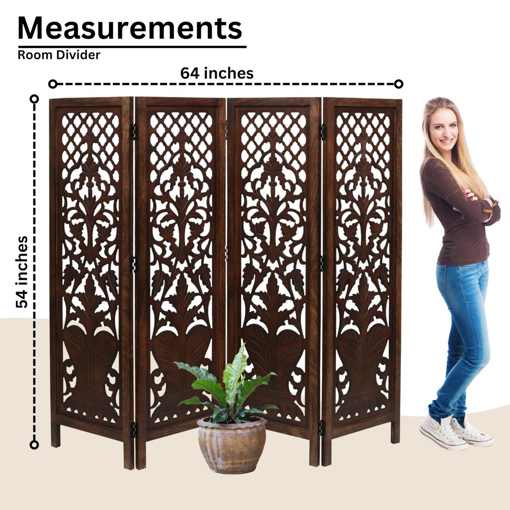 Room Divider Wood Screen Panel – Burnt Brown, 4-Panel Folding 64"x54", Hand-C...
