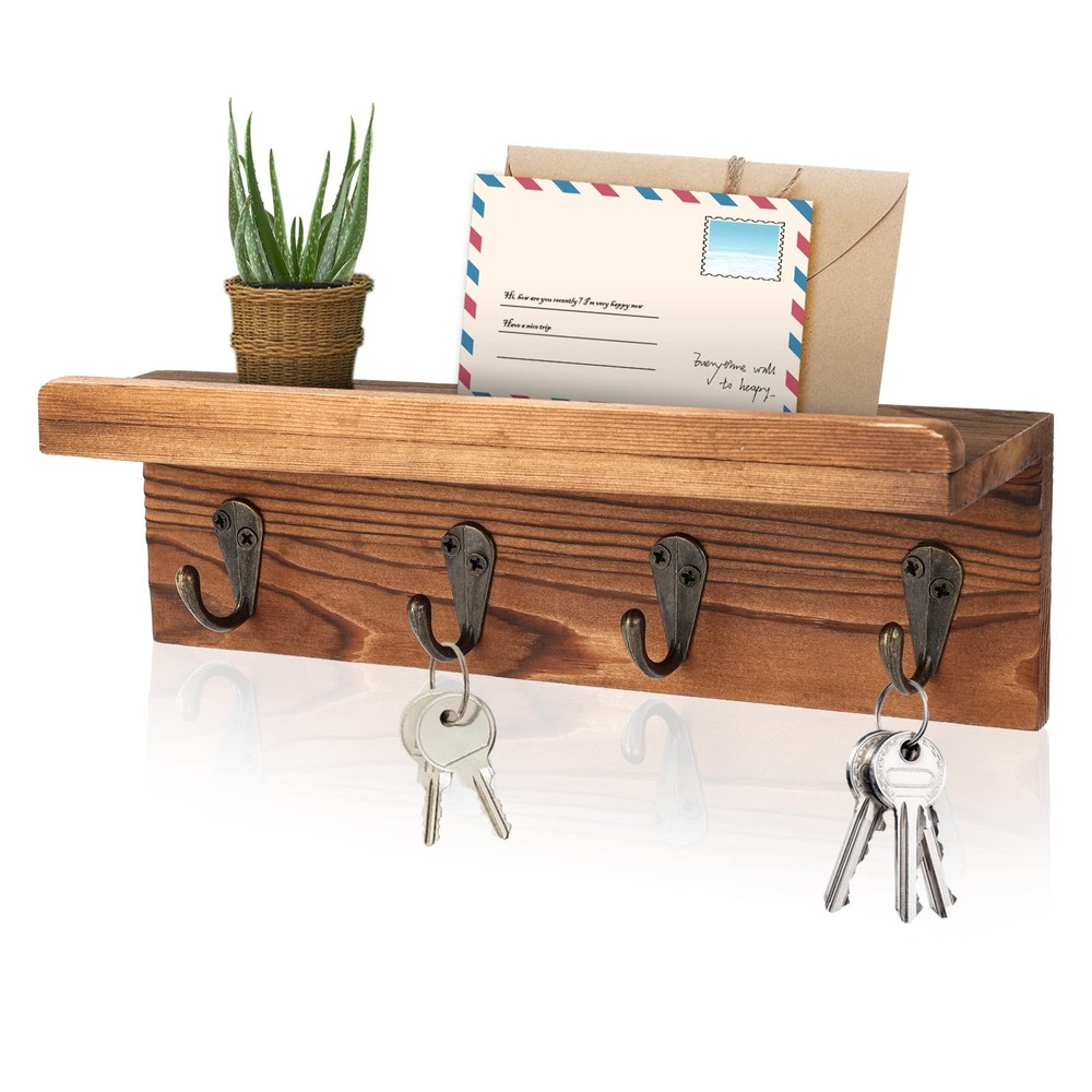 Rustic Key Holder for Wall, Farmhouse Wall Shelf with 4 Hooks, Wall Mounted Key