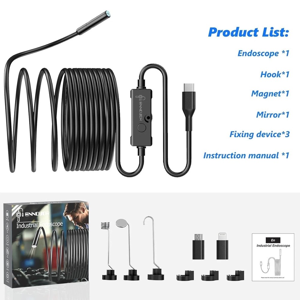 5M Endoscope Camera with Light, 1920P HD Borescope Camera for iOS,Android, New