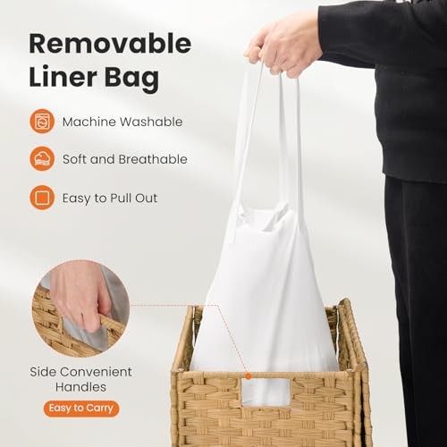 Woven Laundry Basket with Lid Large Capacity Hamper, 90L Goose Yellow