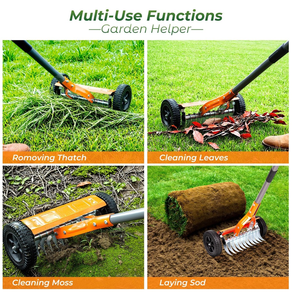 Dethatching Roller Rake Lawn Thatch Remover with Adjustable Handle Steel Blades