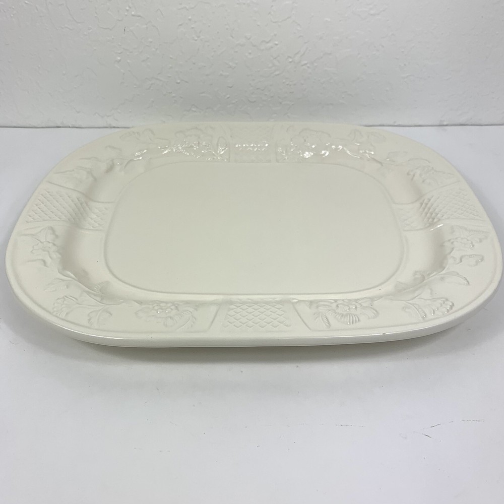 Serving Platter Made In Italy Beige Raised Floral Pattern Rectangular 14.5 X 12"