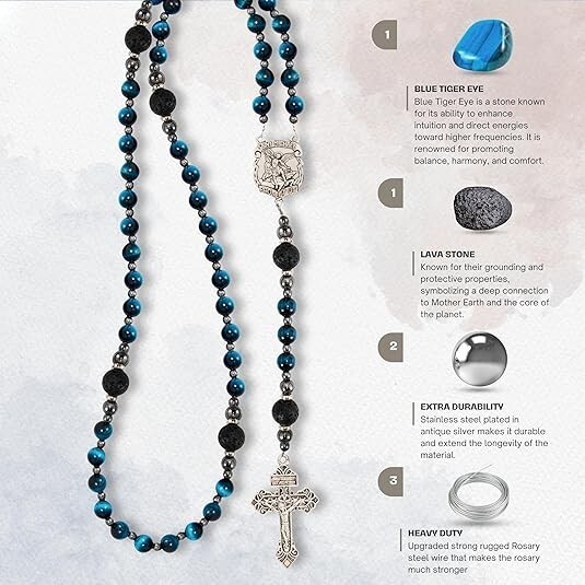 Saint Michael Blue Tiger's Eye Rosary Beads Necklace with Lava Mystery Beads