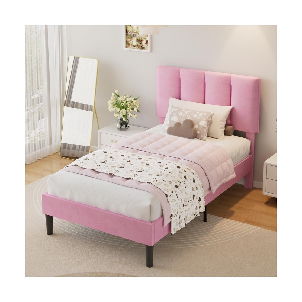 VECELO Twin Size Bed Frame with Upholstered Headboard, Heavy-Duty Bedframe wi...