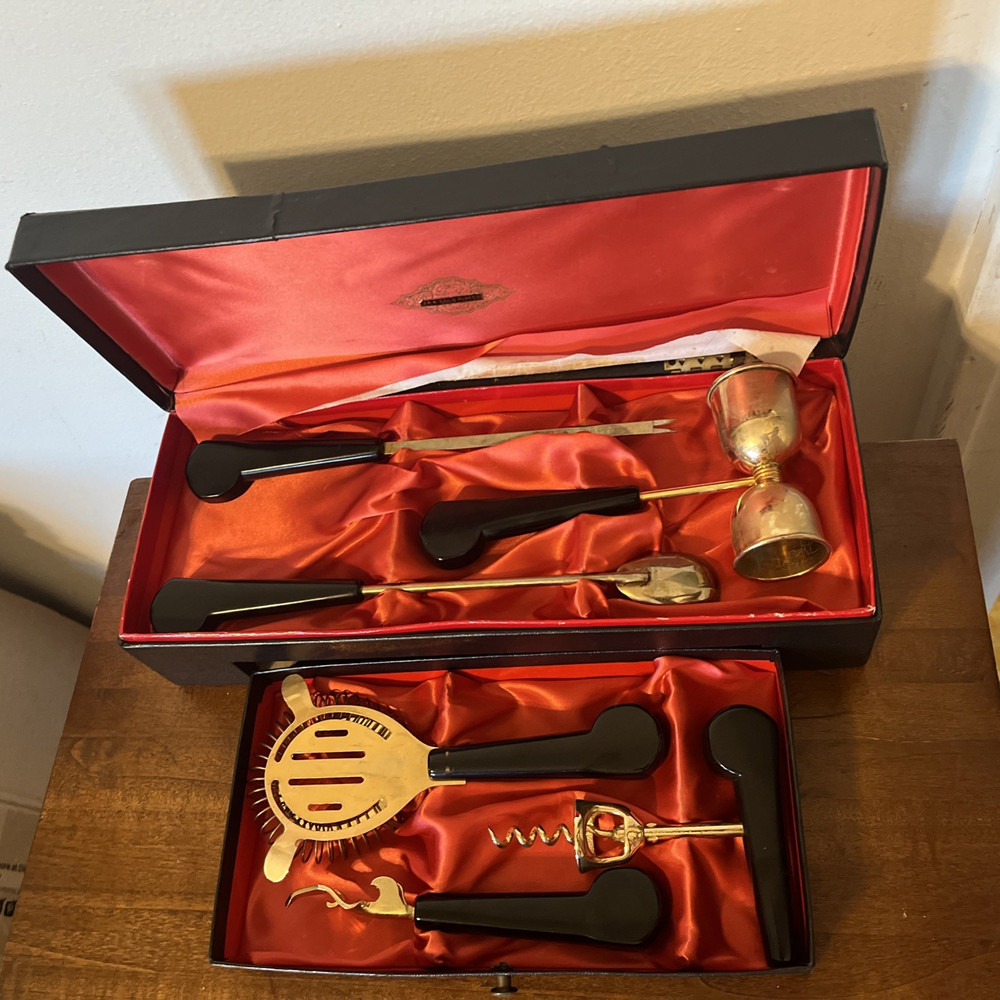 Vintage 6 Pc Bar Tool Set 24K Gold Plated w Box