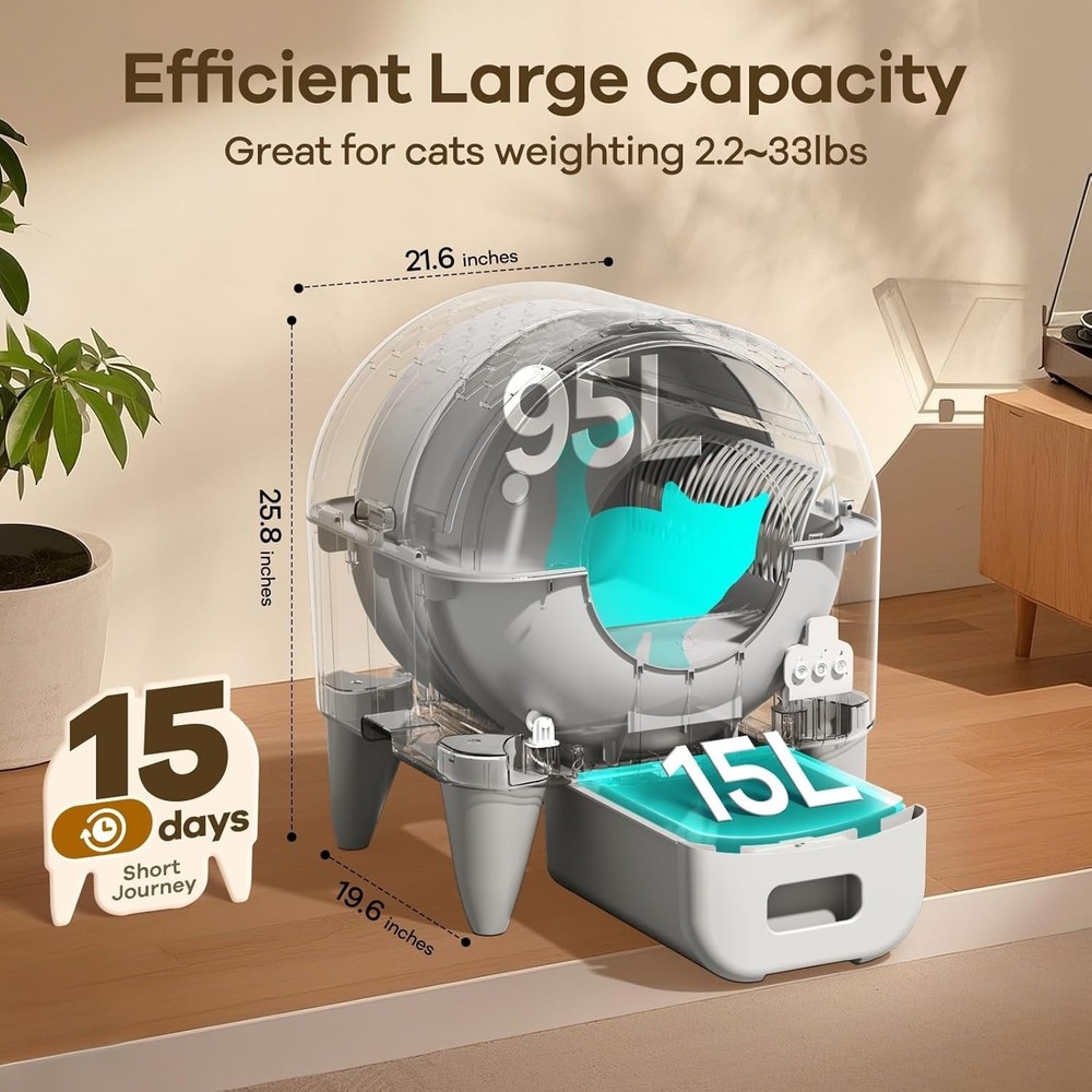Self Cleaning Cat Litter Box Automatic 95L APP Control w/Rolls Garbage Bags Grey