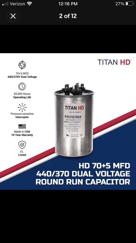 70 plus 5 MFD, 440-Volt/370-Volt Dual Voltage round Run Capacitor