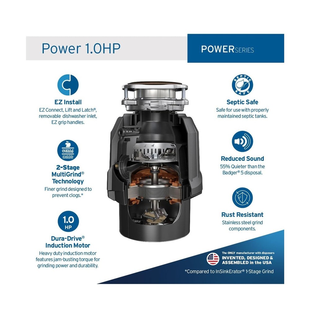 InSinkErator Power 1HP, 1 HP Garbage Disposal, Power Series EZ Connect Contin...