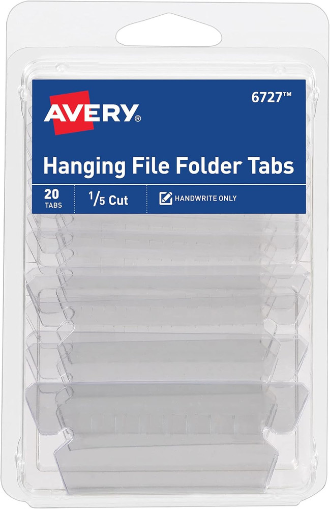 Hanging File Folder Tabs and Inserts, 1/5 Cut, Clear, 20 File Folder Tabs and In