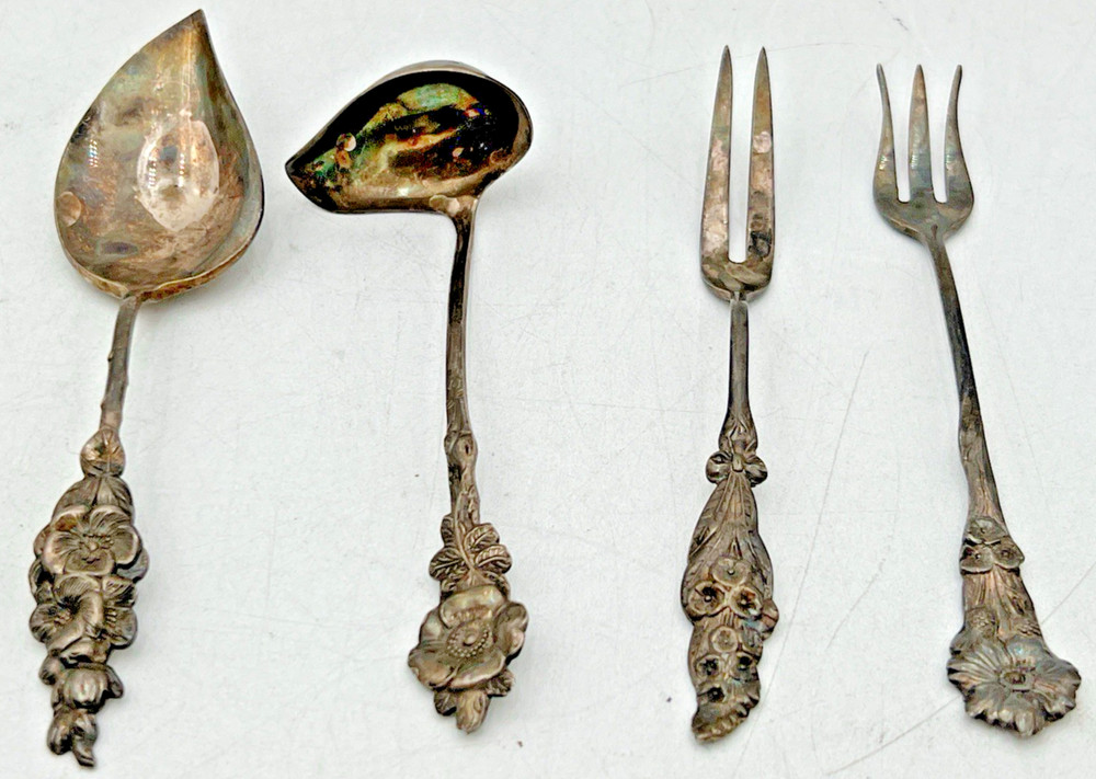 REED & BARTON HARLEQUIN JELLY SERVER, LADLE, LEMON FORK & OLIVE FORK SILVERPLATE